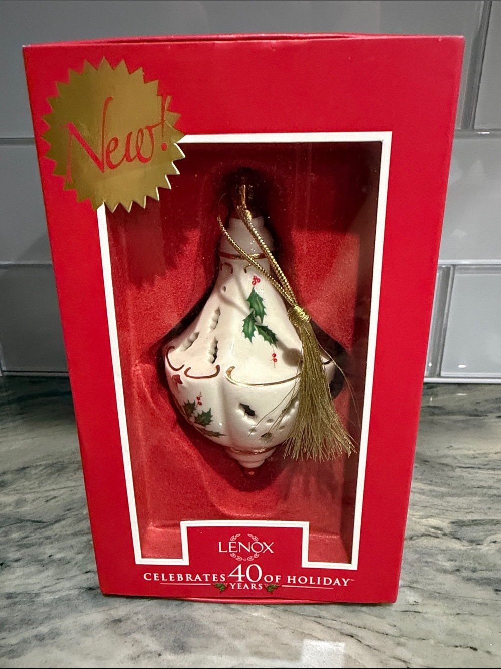 Lenox White Porcelain Holly Ornament with Gold Tassel